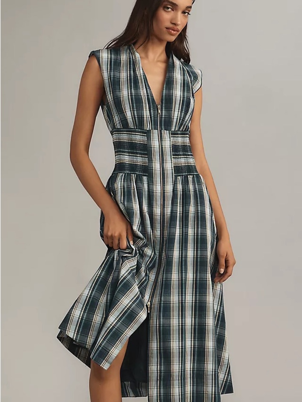 Anthropologie Tommie Cap-Sleeve Smocked Front-Zip Shirt Dress